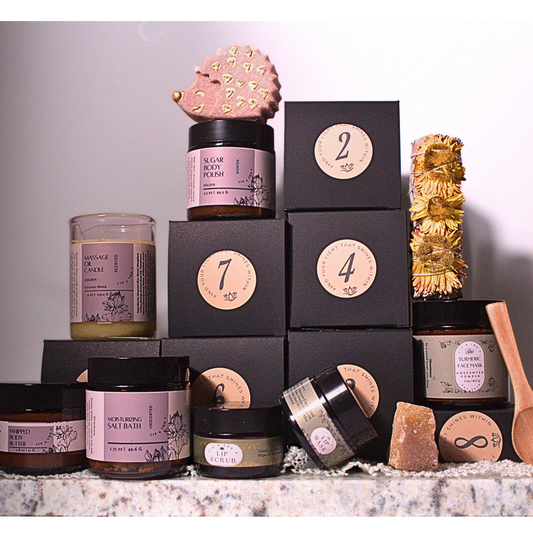 Self care giftset in black boxes numbered 1-8