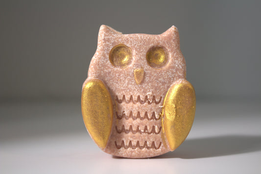 SEA SALT SPA BAR Owl shape, pink bar with gold wings and eyes on white foundation and gray background for Liv 4 You 2