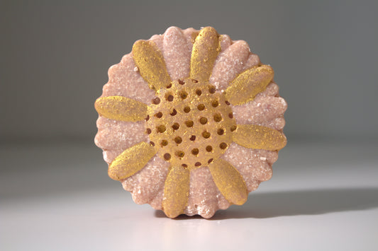 SEA SALT SPA BAR Sunflower shape, pink bar with gold wings and eyes on white foundation and gray background for Liv 4 You 2