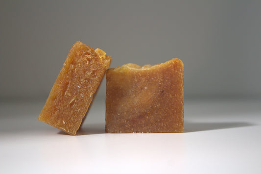 Saffron honey turmeric face soap for Liv 4 You 2 on white foundation and gray background