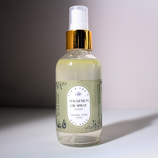 Magnesium Oil Spray in clear spray bottle with gold and white spray top for Liv 4 You 2.