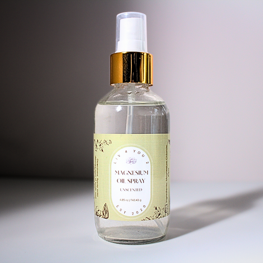 Unscented Magnesium Oil Spray in clear spray bottle with gold and white spray top for Liv 4 You 2.